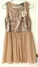 NWT FOREVER 21 SMALL TAUPE FLOWER SEQUIN PARTY DRESS ~ CHIFFON FLUTTER SKIRT