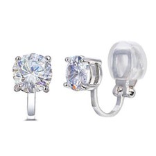 Prong Setting 6mm Round Cubic Zirconia Clip on Stud Earrings Silver Tone