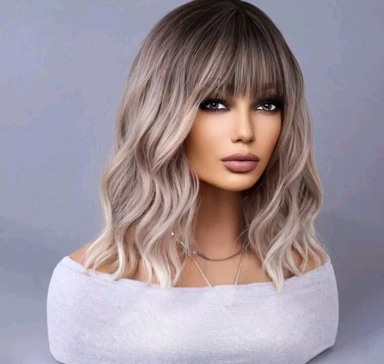 Peluca Rubia Platino Cabello Humano Blens Corto Recto Bob Bangs Capas Natural Foto 2 de 4