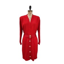 Vintage St John Evening Red Santana Knit Pearl Rhinestone Button Belted Dress 8