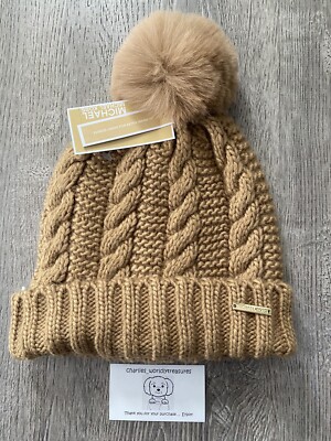 NWT MICHAEL KORS CABLE KNIT POM POM BEANIE HAT DARK KHAKI  display picture 1
