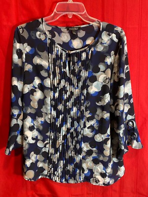 Roz & Ali Tunic Top Sz Large Blue Circles Front Pintucks Button Top Bell Sleeves