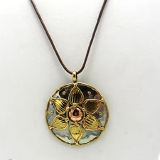Anju Handcrafted Hammered Mixed Metal Flower Pendant with Cord Necklace