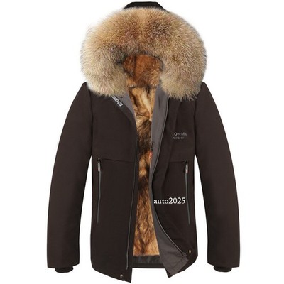 Winter Real Fox Fur Collar Hooded Rabbit Fur Lined Coat Parka Overcoats Zip Warm