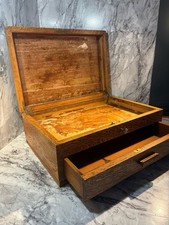 Antique Edwardian solid oak c1900 era hinged lid pulldraw stationery cutlery box