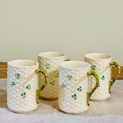 4 Belleek Ireland Shamrock Basketweave Irish Coffee Cup Parian China 1980-1993