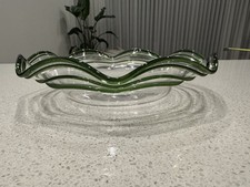 Vintage textured handmade ribbon ruffle glass shallow bowl green