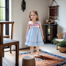 Blue Gingham American Flags Smocked Sleeveless Dress
