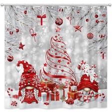 Christmas Gnomes Shower Curtain Red Christmas Tree Candy Gifts Bathroom Curta...