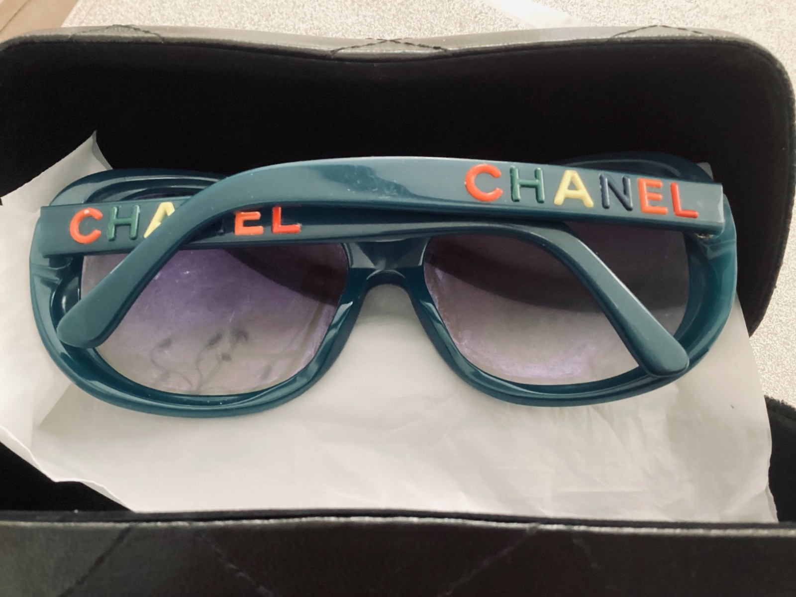 Chanel sunglasses Teal multi colour letters logo Rare unisex statement good cond image 8