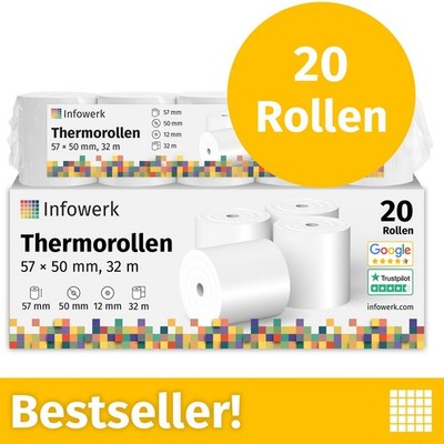 NEU: Infowerk Thermorollen 57x50x12 mm 32 m, 20 Rollen, PEFC, Epson, IBM u.v.m.