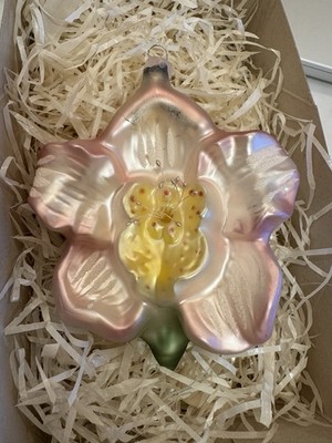 Christmas Glass Ornament Hibiscus Flower White Pink Green