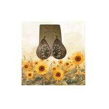 Wooden Laser Cut Engraved Earrings 5" Brown Sunflower Handmade
