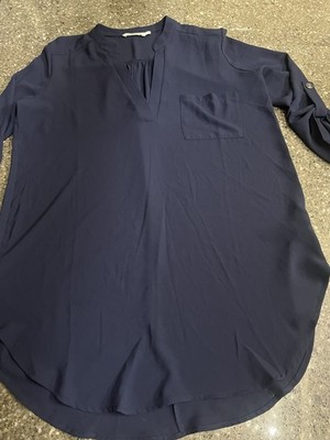 Lush Navy Blue Perfect Roll Tab Sleeve Split Neck Tunic Size S Pocket Career EUC