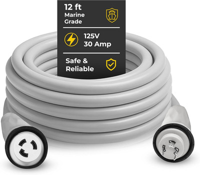 125V 30 Amp Shore Power Cord, 12Ft Heavy Duty Marine, Boat, and RV NEMA L5-30 Po