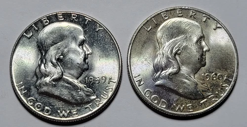1959-P 1960-D FRANKLIN Half Dollar 50c Cents 90% Silver 2-COIN Lot Hi Grade BUnc