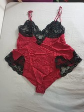 Vtg VICTORIA'S SECRET TEDDY Sz L Red Silk BODYSUIT Black Lace Romper Skirted