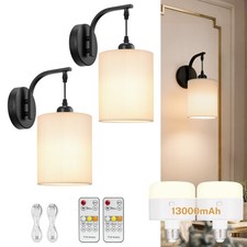 Battery Operated Wall Sconce Set of Two, Pleated Fabric Rechargeable Wireless...