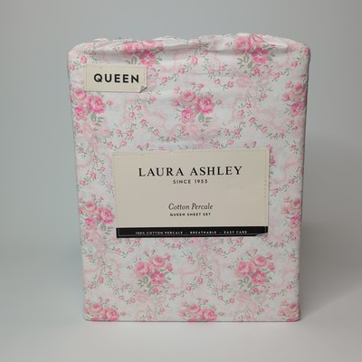 Laura Ashley Queen Sheet Set 100% Cotton Percale Pink Flowers Vines
