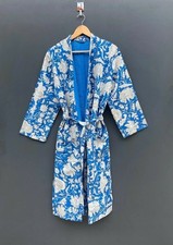 Indian Floral Print Blue Kantha Quilted Jacket Boho Front Open Wear Mid-length