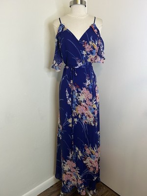 Philosophy Maxi Dress Blue Botanical Garden Wrap Sleeveless Side Tie Size 8