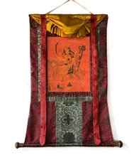 GODDESS DURGA HAND-PAINTED HINDU ART THANGKA OIL VARNISHED WITH SILK BROCADE