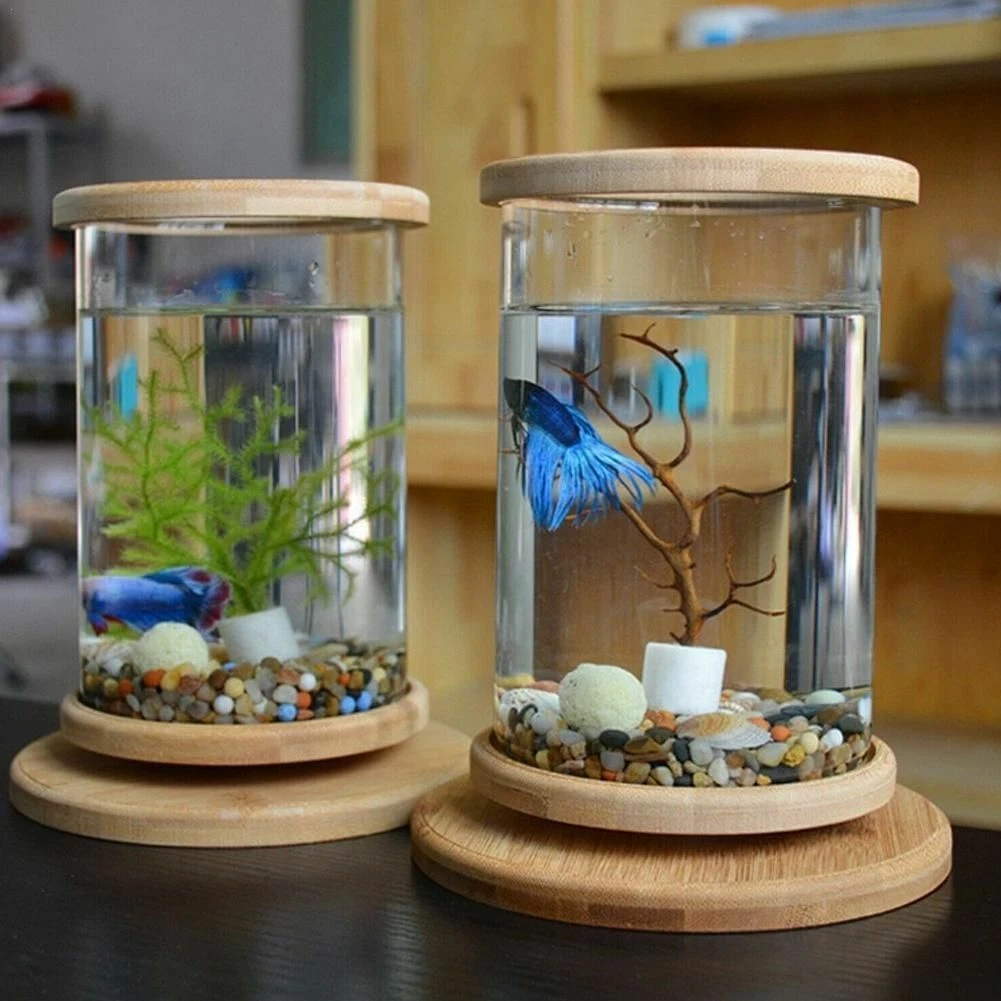 360° Rotate Mini Fish Tank 14.5x18cm Glass+Bamboo Base Aquarium Home  Decoration