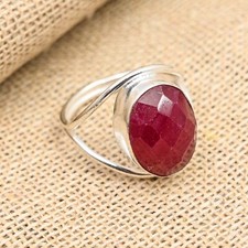 Lab-Created Faceted Ruby Gemstone Handmade 925 Sterling Silver Ring Jewelry