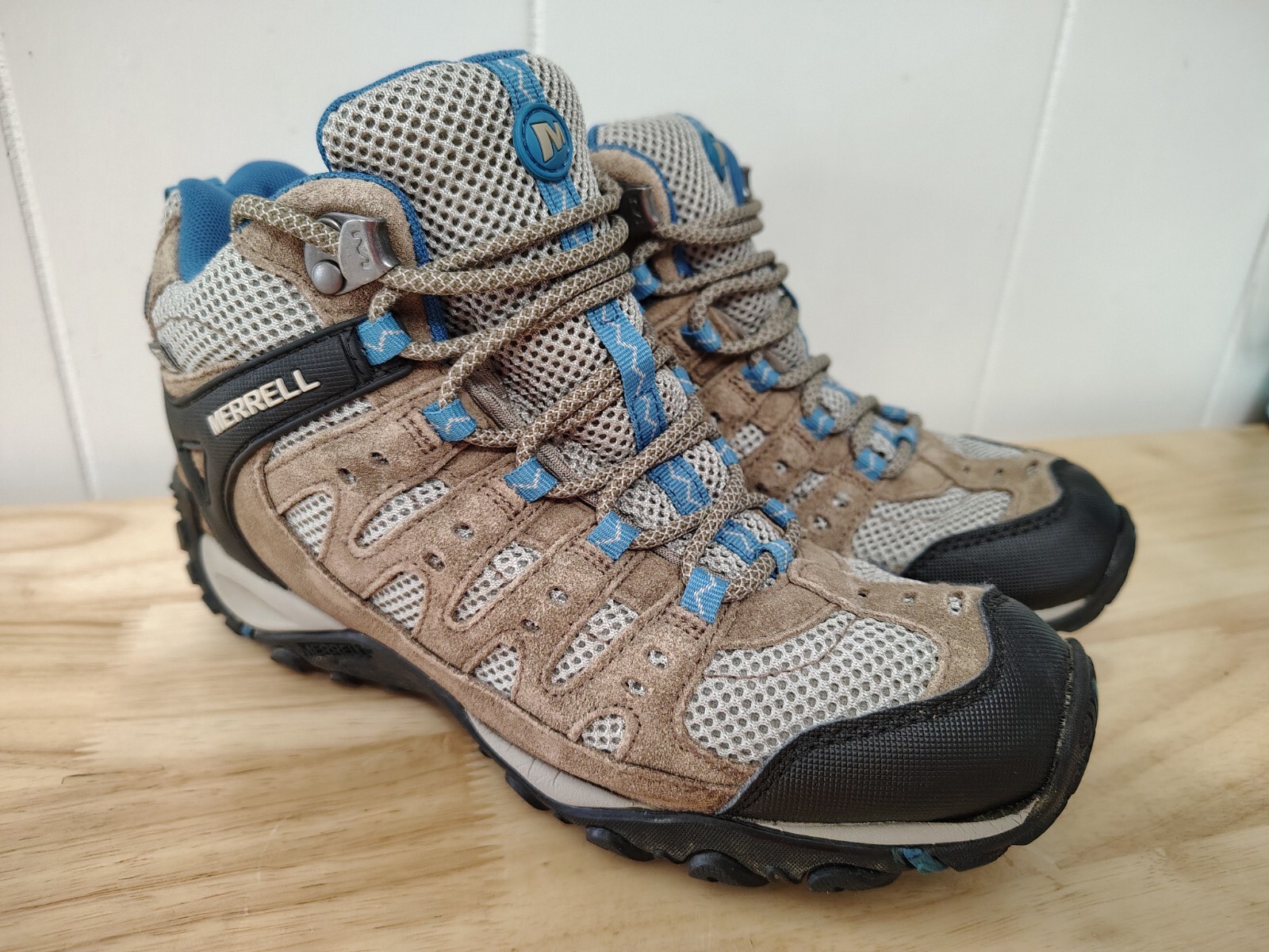 Scarpe da trekking Merrell donna marrone blu canguro celeste stringate taglia 7