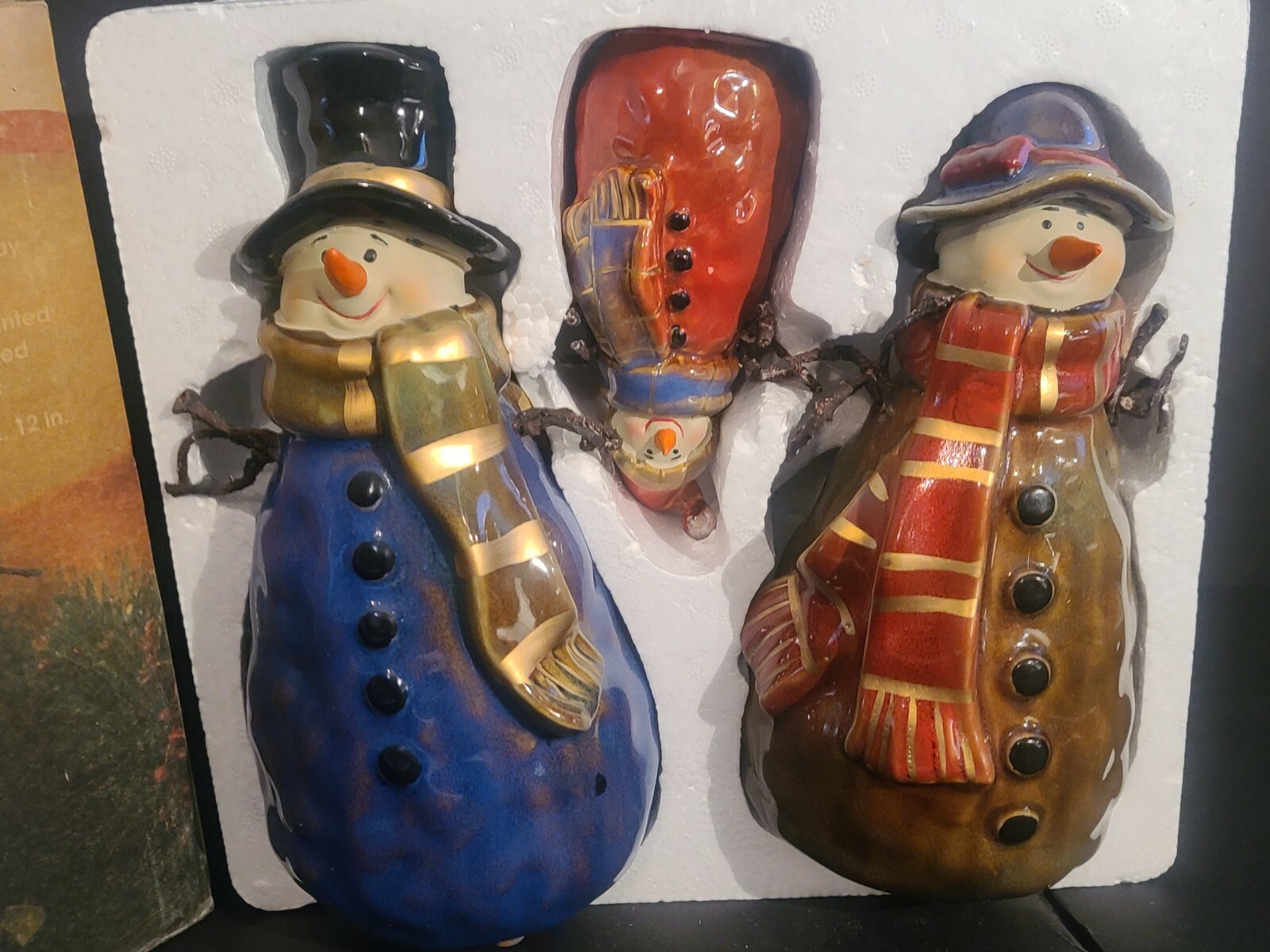 VINTAGE KIRKLANDS POTTERS GARDEN CERAMIC SNOWMAN FAMILY W/ MIRROR IOB