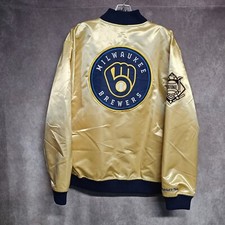 NWT Mitchell Ness Milwaukee Brewers Big Logo Gold Satin Lightweight Jacket $150