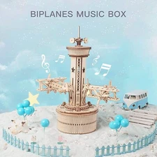 ROKR Airplane Control Tower 3D Wooden Puzzle Model Game Music Box Toy XMAS Gifts