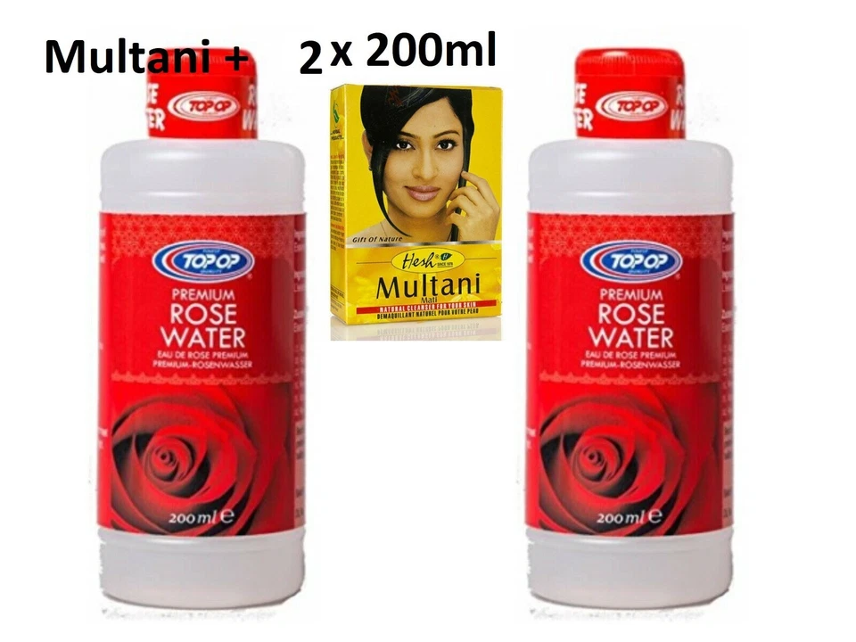 PACK OF 2 x 200ML PURE ROSE WATER - TOP OP -TOP QUALITY + Multani mitti