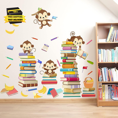Monkey Wall Decals Animals Monkey Reading Books Wall Stickers for Baby Nursery B