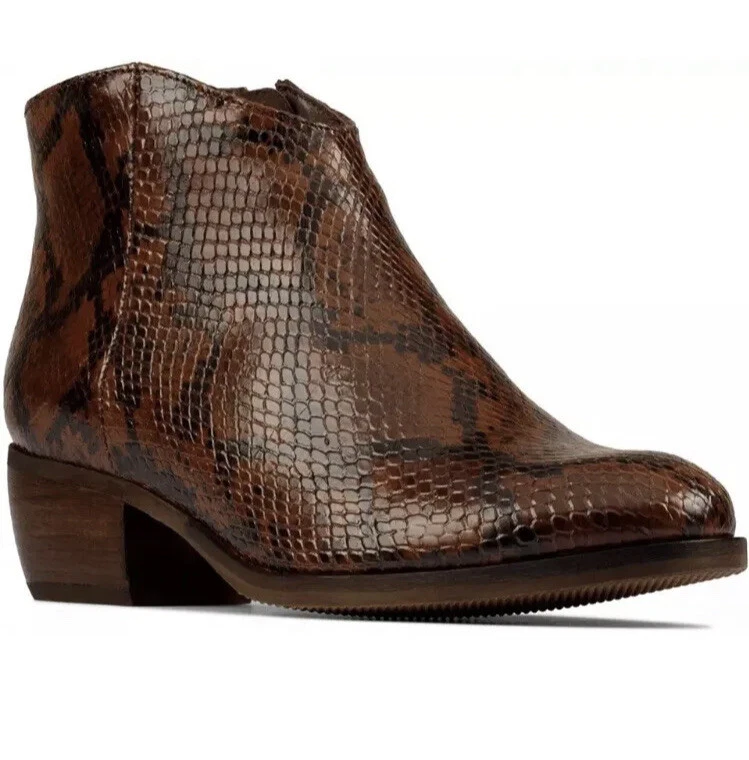 Clarks Mila Myth Ladies Tan Snake Print Leather Ankle Boots Uk 7 D EU 41
