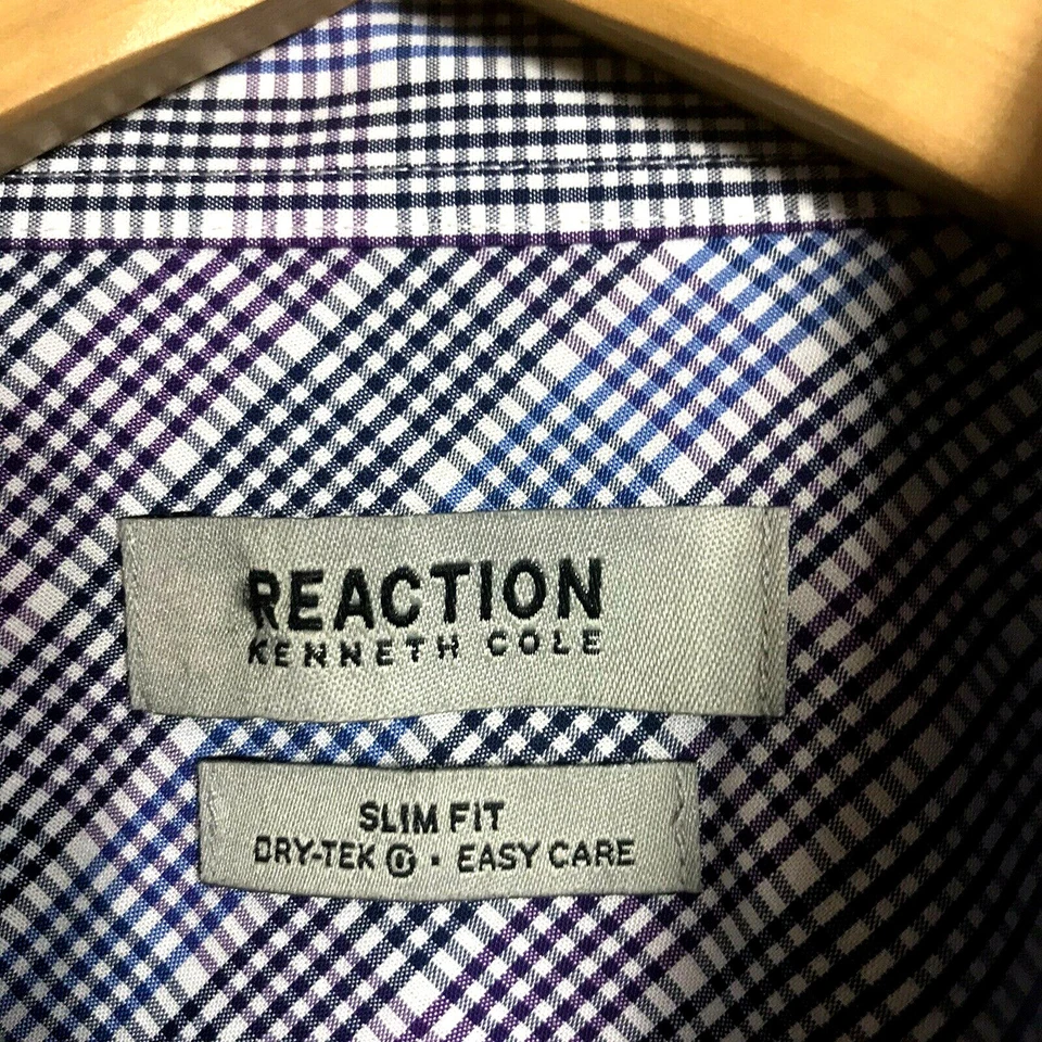 Camisa de vestir Kenneth Cole Reaction para hombre 17 34/35 a cuadros calce ajustado Dry-Tek fácil cuidado Foto 2 de 4