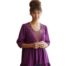 Ashro Dress Womens XL Purple Jeweled Neck Ruffle Hem Tunic Flowy Festival Chic