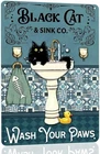 Funny Bathroom Vintage Metal Tin Sign Black Cat Wash Your Paws 8x12