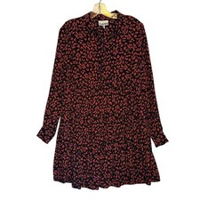 GANNI Floral Crêpe Shirt Dress Long Sleeve Button Black Red Womens 34 US 2