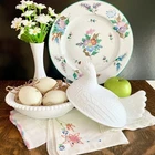 VNTG Spring Vignette Assemblage w/ Milk Glass Hen On Nest, Nippon Plate, Hankies