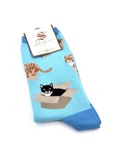 Socksmith Women's Crew Socks Cat in a Box Kittens Kitty Sock Novelty Blue NEW