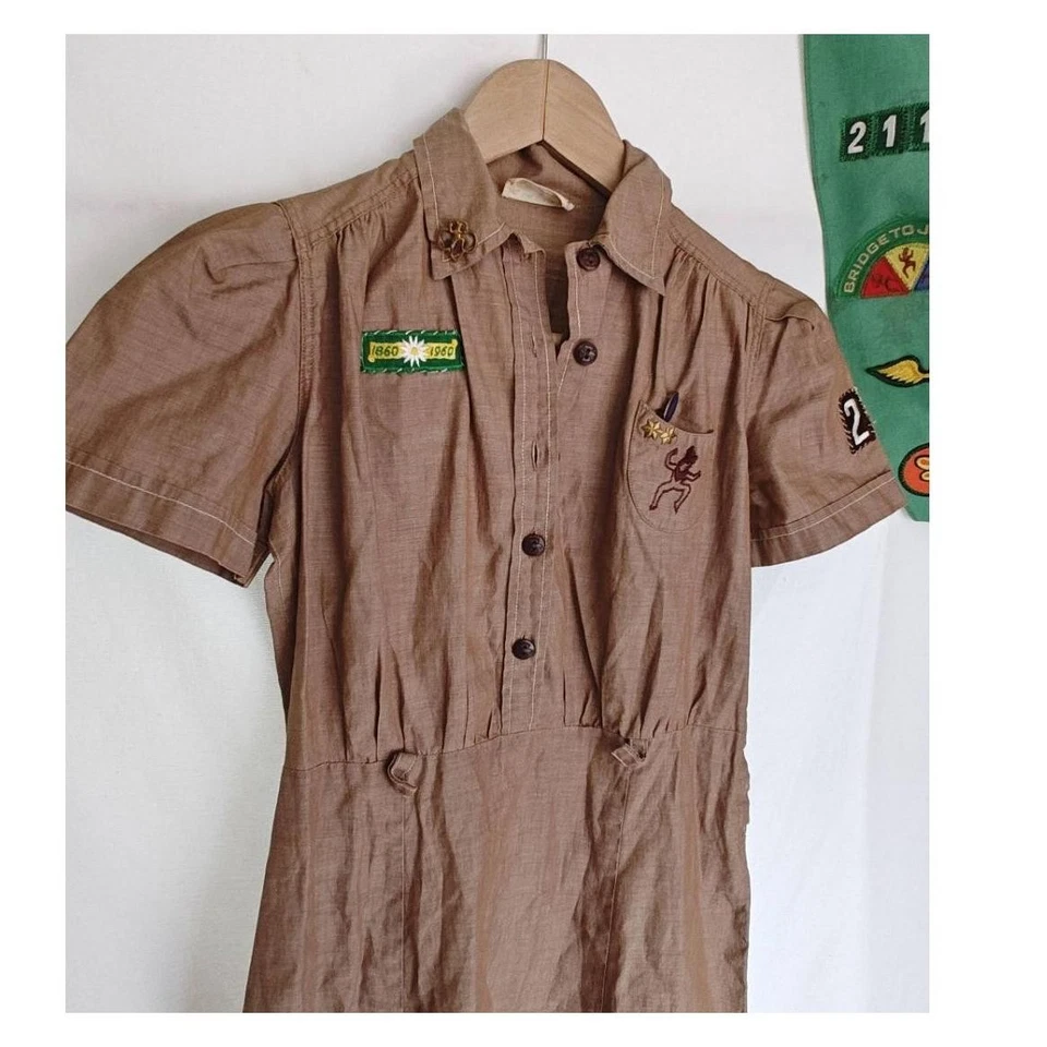Girl Scouts USA Brownie Uniform Button Up Brown Dress Troop #254 40s 50s Sash - Image 4 of 4