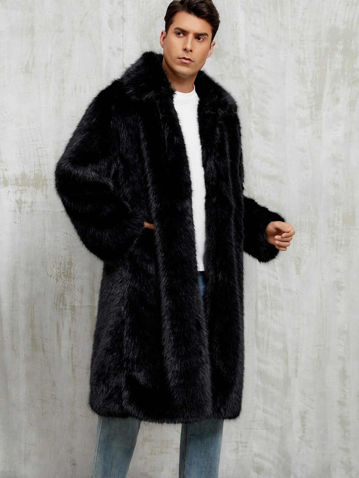 112cm-117cm American Winter Mens Faux Fox Fur Coat Long Overcoat Warm Outwear Sz