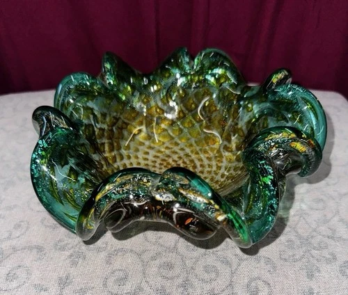 Murano Vintage Green Wavy Glass Bowl or Ashtray