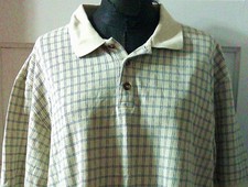 80's EDDIE BAUER Tan Blue Grid Men's SS Pique Polo Shirt Top Blouse LT L Tall
