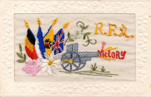 ROYAL FIELD ARTILLERY: VICTORY: FIELD GUN:WW1 EMBROIDERED MILITARY SILK POSTCARD