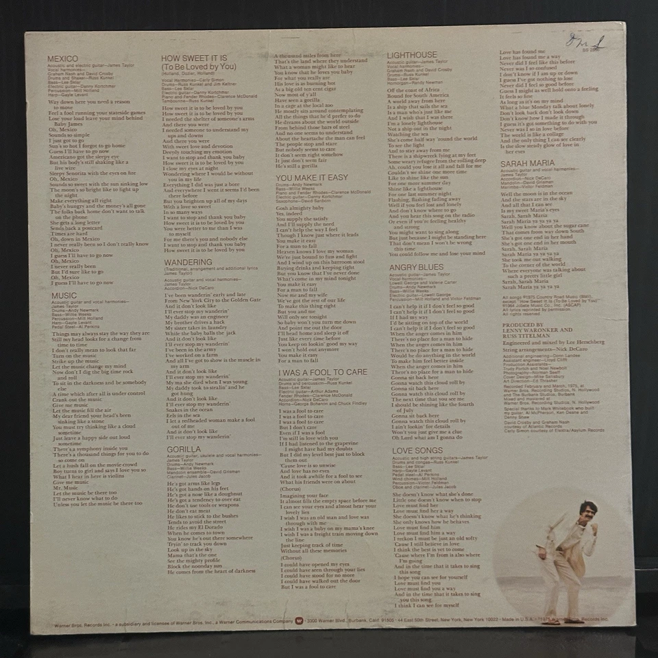 JAMES TAYLOR 1975 WB 1st Pressing EX Vinyl LP - How Sweet It Is - BS 2866 - Image 2 of 4