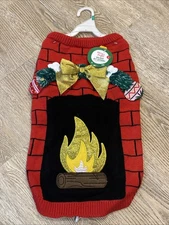 Merry & Bright Dog Holiday Christmas Pet Apparel Fire Place Sweater Large