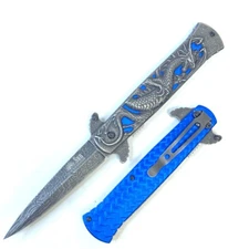 8.75” Blue Gray Dragon Engraved Spring Open Assisted Tactical Folding Knife