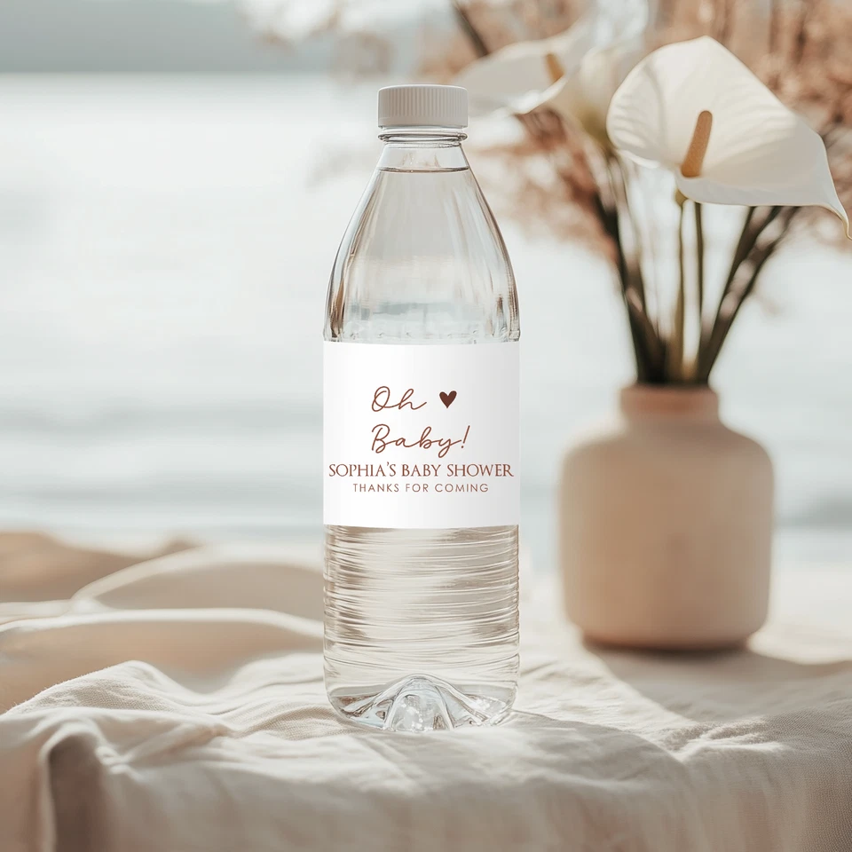 Oh Baby Water Bottle Label, Minimalist Baby Shower Water Labels - Dark Red Heart - Image 2 of 4